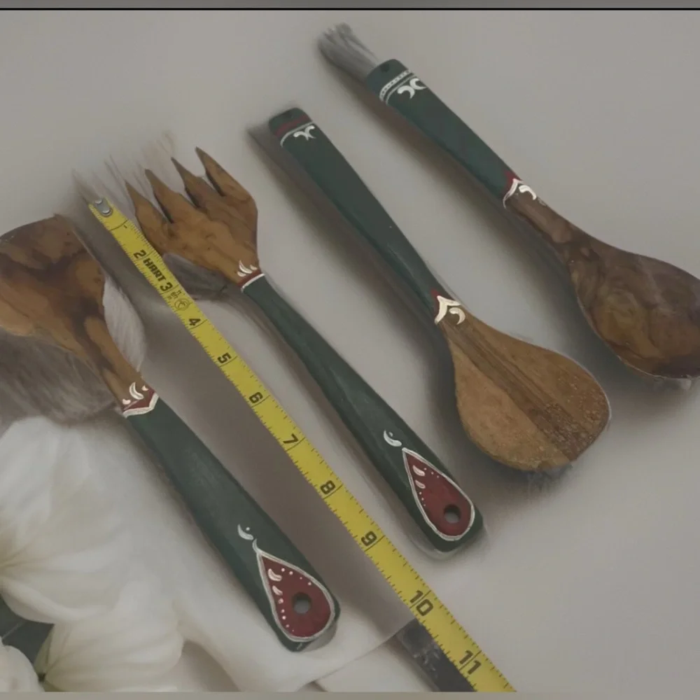Old Hand Painted Wooden Salad Servers - 4 Pcs 9.5